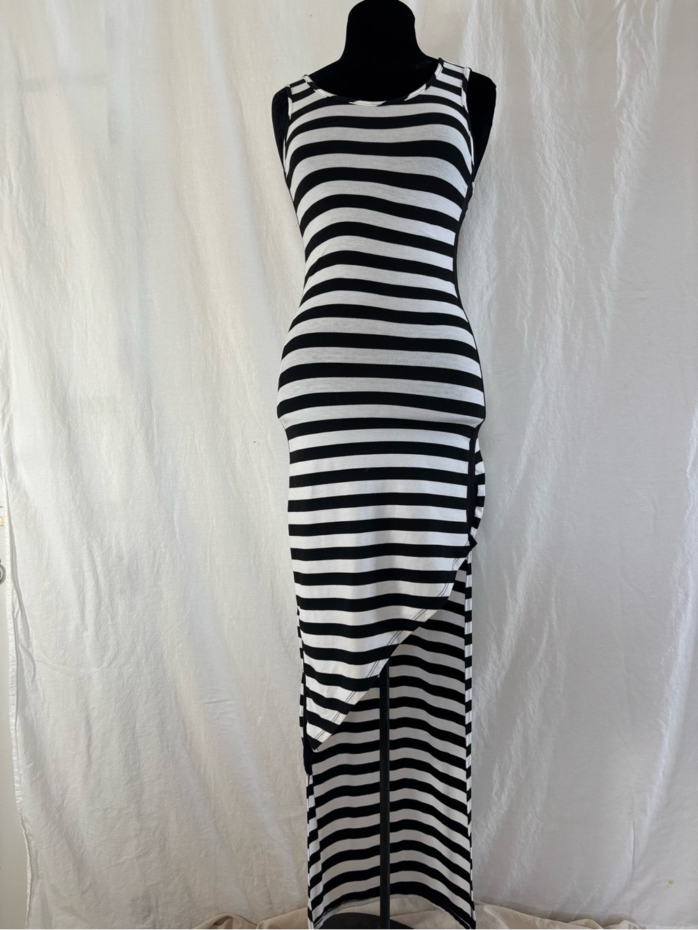 Rebel Sugar Black White Striped Maxi Dress Asymmetrical Parisian Chic Bodycon S